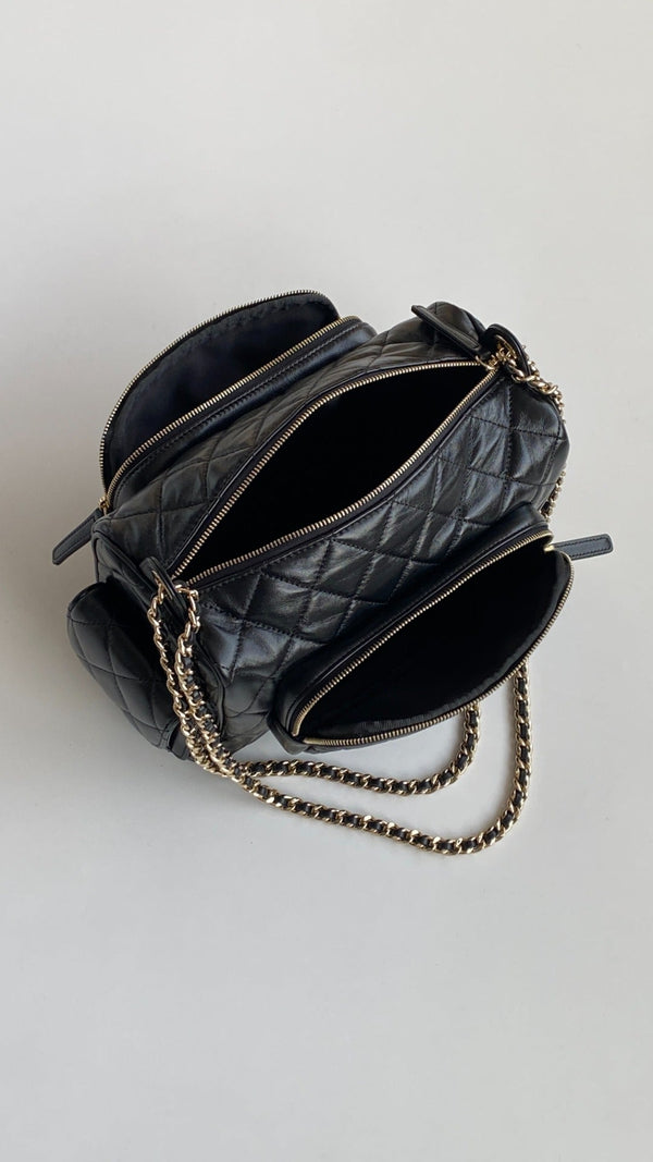 CC 2025 Multi-Pockets Camera Case Bag Black Calfskin