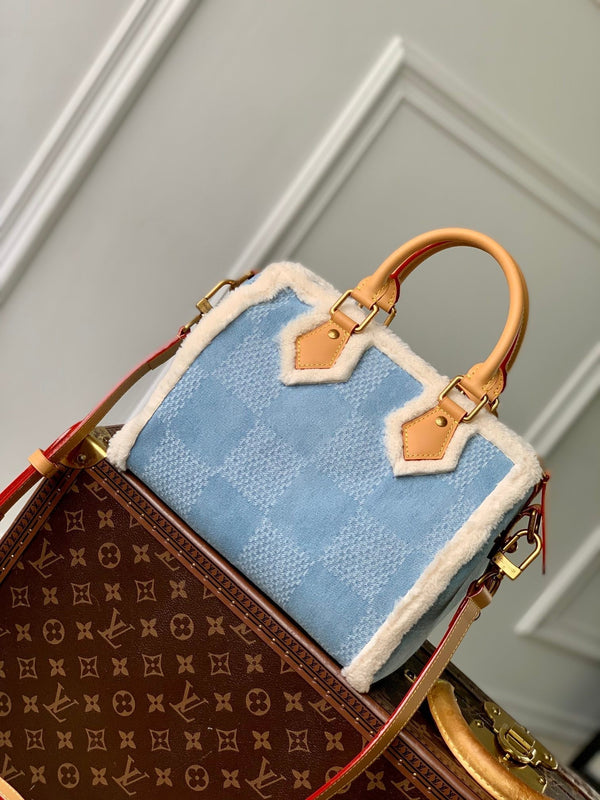 Lv Speedy 25 Bandouliere Beige Pelle Denim Lana