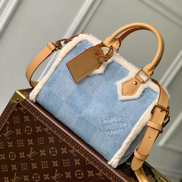 Lv Speedy 25 Bandouliere Beige Pelle Denim Lana
