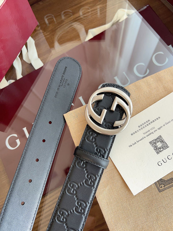 Gucci Supreme Belt Sliver Buckle 40mm Black Embossed Leather