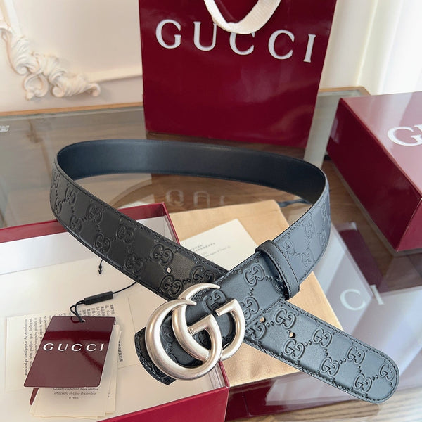 Gucci Belt Double G Sliver Buckle 40mm Black Embossed Leather