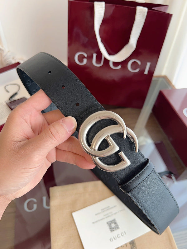 Gucci Belt Double G Sliver Buckle 40mm Black Embossed Leather