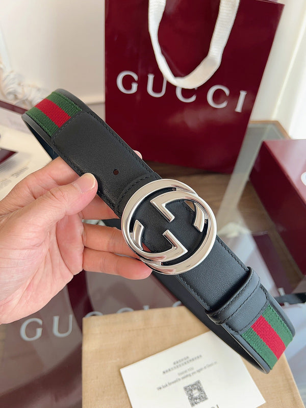 Gucci Supreme Belt Sliver Buckle 40mm Black Leather With Green Red Canvas