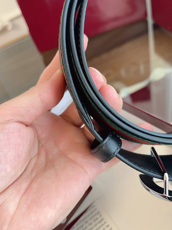 Gucci Belt Double GSliver Buckle 40mm Black Leather With Green Red Canvas