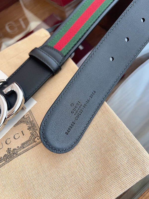 Gucci Belt Double GSliver Buckle 40mm Black Leather With Green Red Canvas