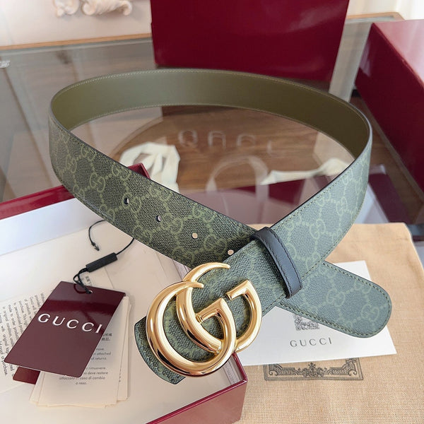 Gucci Belt Double G Gold Buckle 40mm Green Leather Canvas