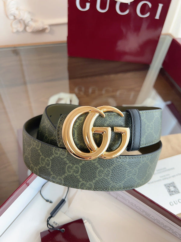 Gucci Belt Double G Gold Buckle 40mm Green Leather Canvas