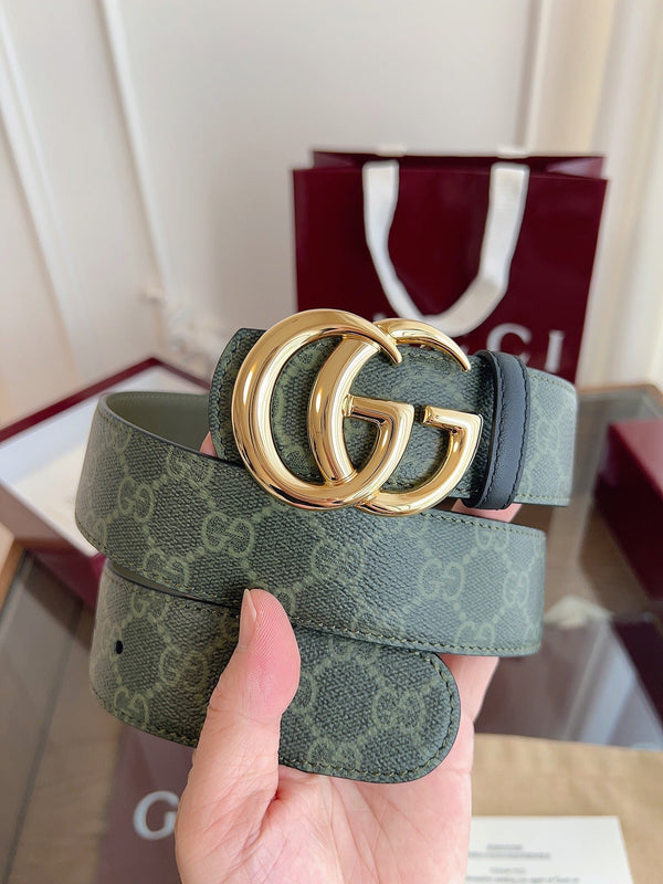 Gucci Belt Double G Gold Buckle 40mm Green Leather Canvas