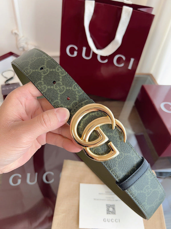 Gucci Belt Double G Gold Buckle 40mm Green Leather Canvas