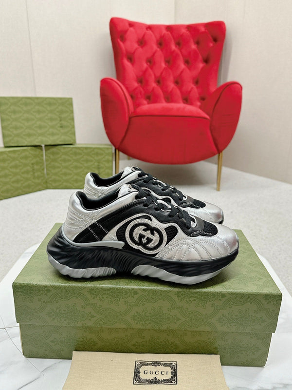 GG RIPPLE TRAINER ARGENTO CHIARO E PELLE DI AGNELLO NERA