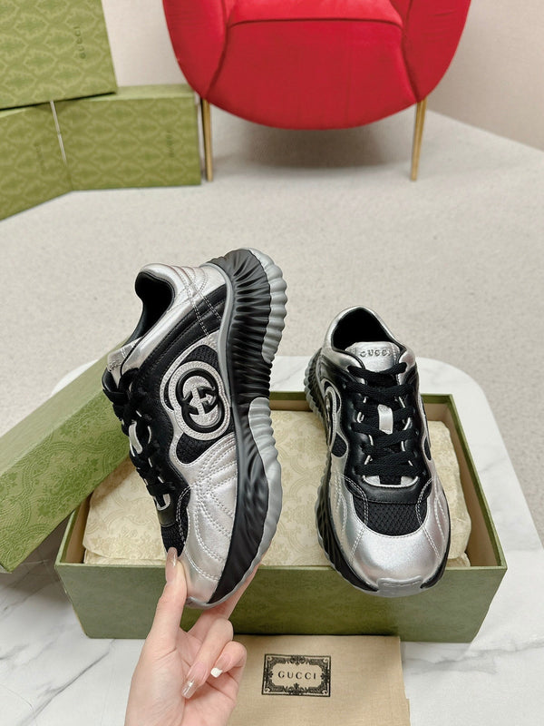 GG RIPPLE TRAINER ARGENTO CHIARO E PELLE DI AGNELLO NERA