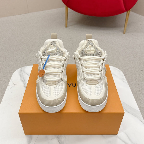 LV Trainer Sneaker White Beige Metallic Grained Metallic Calf Leather 528549