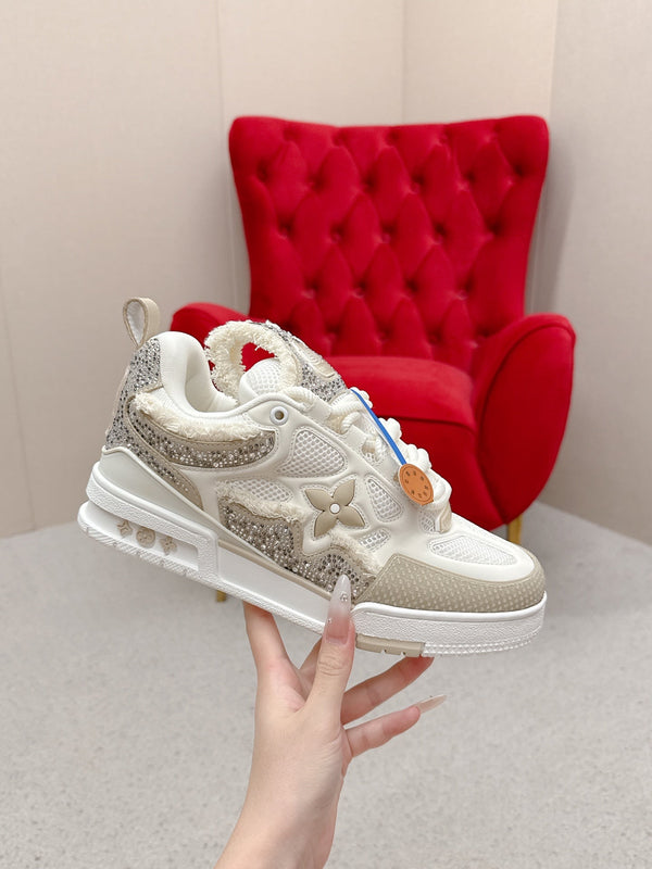 LV Trainer Sneaker White Beige Metallic Grained Metallic Calf Leather 528549