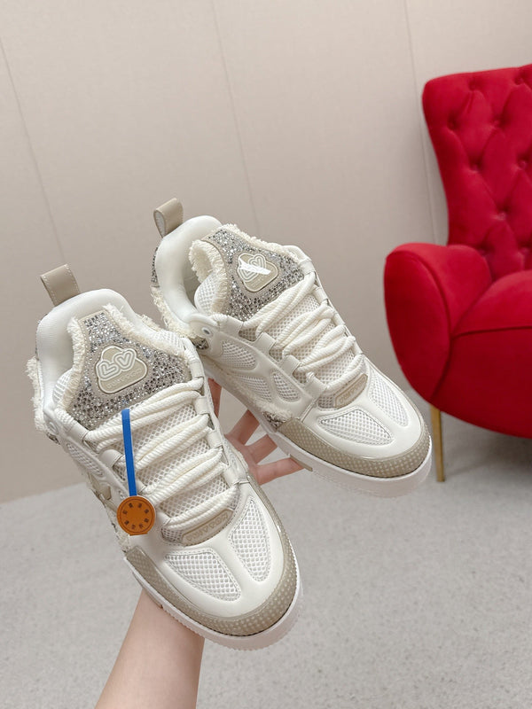 LV Trainer Sneaker White Beige Metallic Grained Metallic Calf Leather 528549