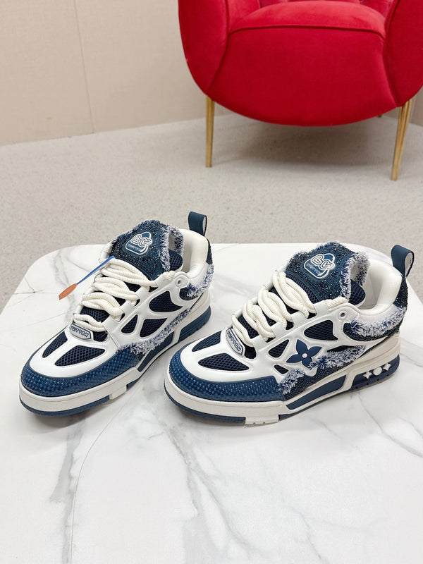 LV Trainer Sneaker Dark Navy White Metallic Grained Metallic Calf Leather 528551