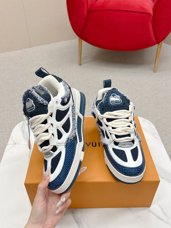 LV Trainer Sneaker Dark Navy White Metallic Grained Metallic Calf Leather 528551