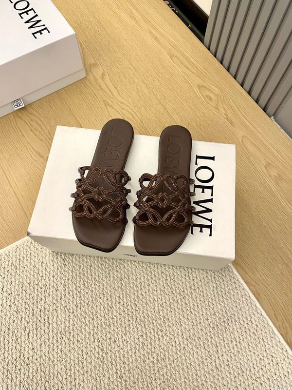 Loewe Petal Anagram Rhinestone Slides Coffee Leather 723130