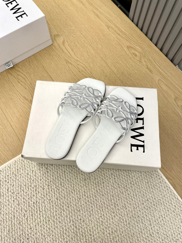 Loewe Petal Anagram Rhinestone Slides White Leather 723133