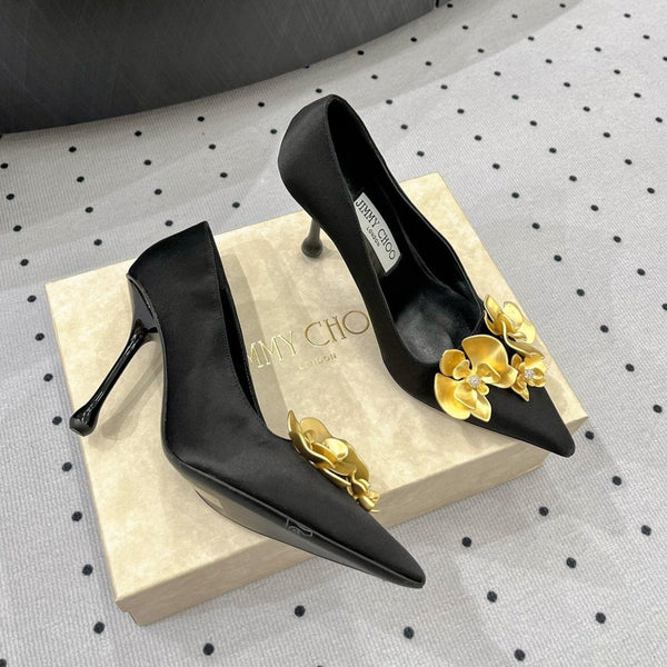 Jimmy Ixia 95 In Black Cowhide Pumps With Flowers 591587