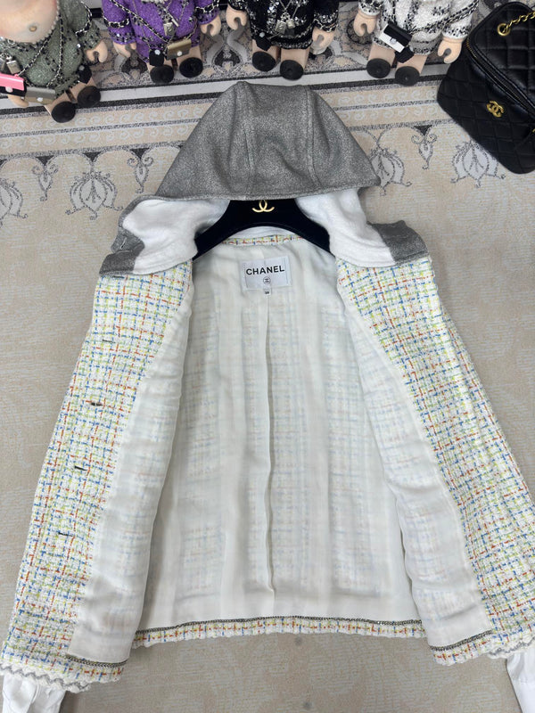 Giacca con cappuccio in tweed CC 25 multicolore in cotone e lana 251972
