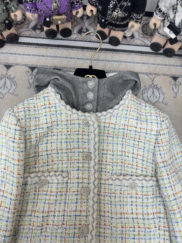 Giacca con cappuccio in tweed CC 25 multicolore in cotone e lana 251972