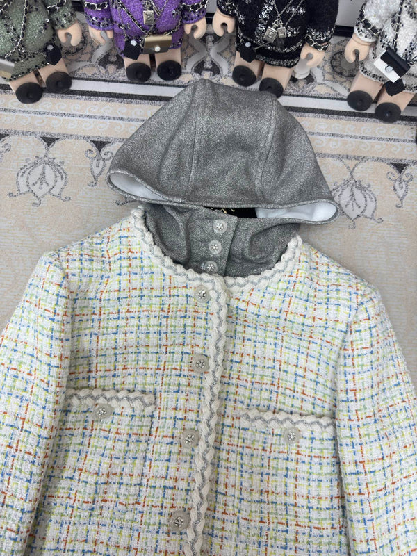 Giacca con cappuccio in tweed CC 25 multicolore in cotone e lana 251972