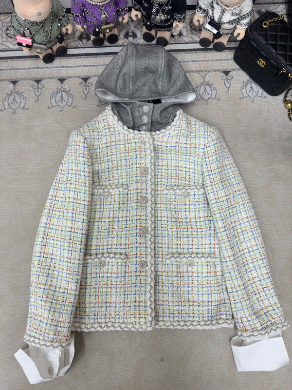 Giacca con cappuccio in tweed CC 25 multicolore in cotone e lana 251972