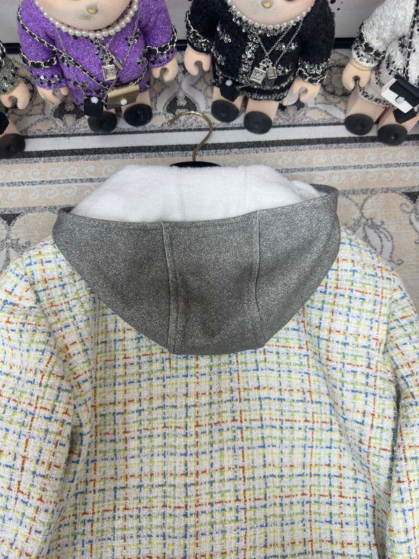 Giacca con cappuccio in tweed CC 25 multicolore in cotone e lana 251972