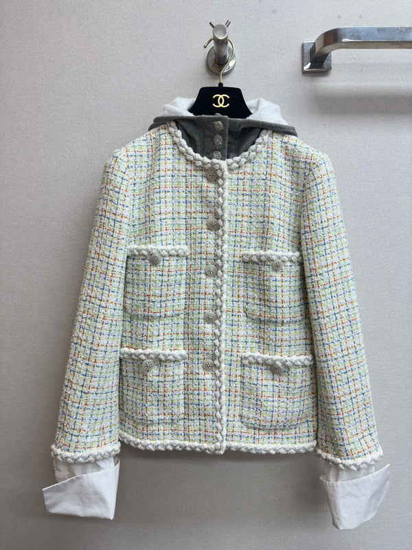 Giacca con cappuccio in tweed CC 25 multicolore in cotone e lana 251972