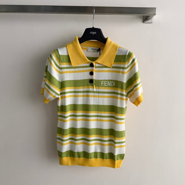 Fendi 26s Striped Polo Shirt Yellow Olive Knit 363766