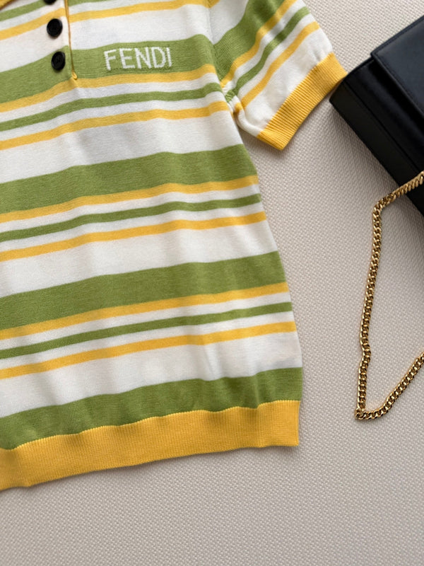Fendi 26s Striped Polo Shirt Yellow Olive Knit 363766
