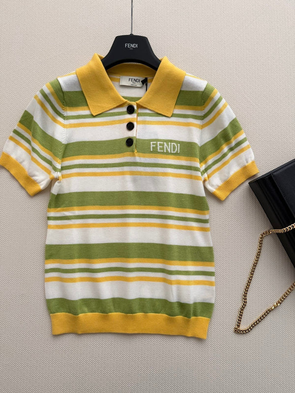 Fendi 26s Striped Polo Shirt Yellow Olive Knit 363766