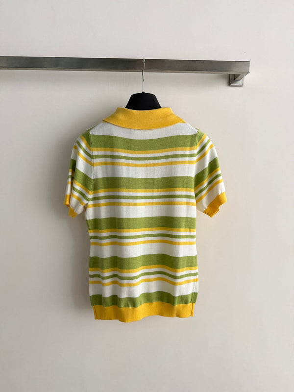 Fendi 26s Striped Polo Shirt Yellow Olive Knit 363766