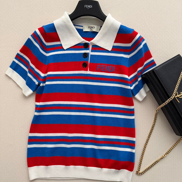 Fendi 26s Striped Polo Shirt Blue Red Knit 363767