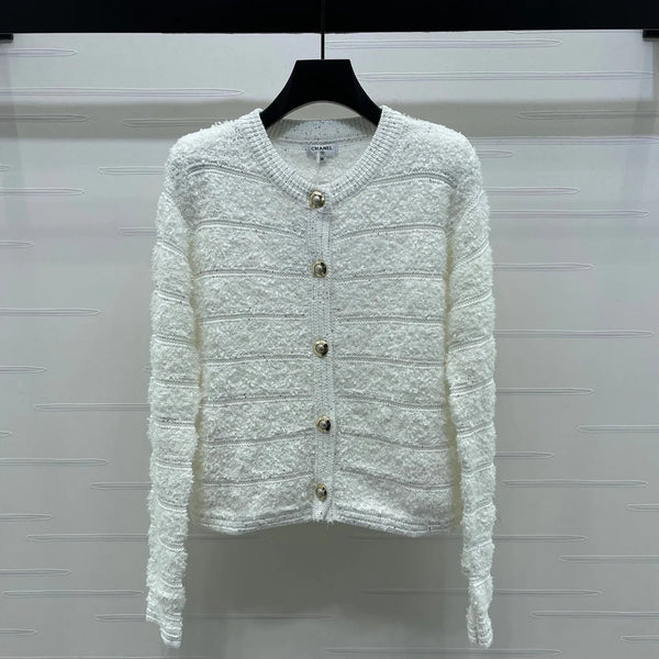 Cardigan Chanel 2026 en laine blanche à rayures et sequins, manches longues