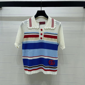GG 26s Hollow Striped Collared Knit Short Sleeve 406541