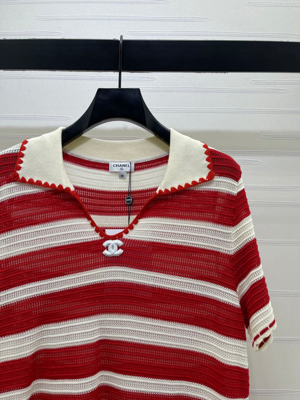 CC 26s Striped Collared Knit Short-Sleeved Top White Red 406562