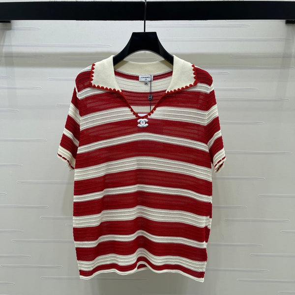 CC 26s Striped Collared Knit Short-Sleeved Top White Red 406562