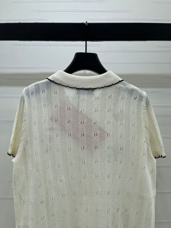 GG 26s Hollow Striped Collared Knit Short Sleeve White Wool 406537
