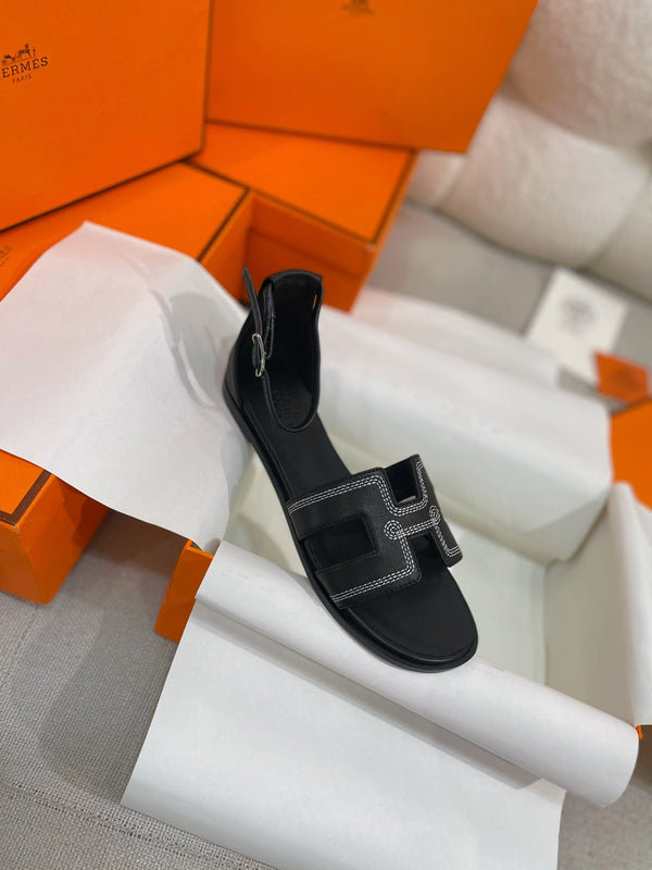 santorini sandal black calfskin white thread embroidered