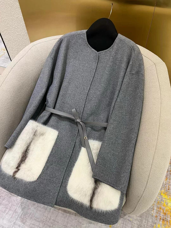 LP 25 Crew Neck Coat Gray White Cashmere Fur 303965