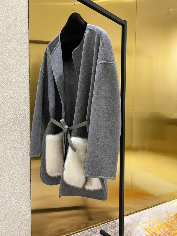LP 25 Crew Neck Coat Gray White Cashmere Fur 303965