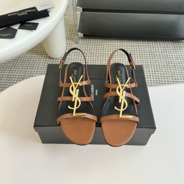Sandali da donna con fibbia Yves SL in pelle nera e marrone chiaro