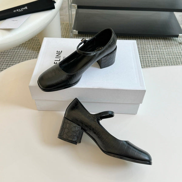 SCARPE DA DONNA CON TACCO ALTO E PUNTA ROTONDA IN PELLE DI VACCA NERA