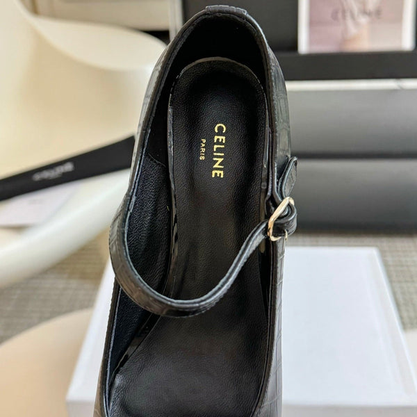 SCARPE DA DONNA CON TACCO ALTO E PUNTA ROTONDA IN PELLE DI VACCA NERA