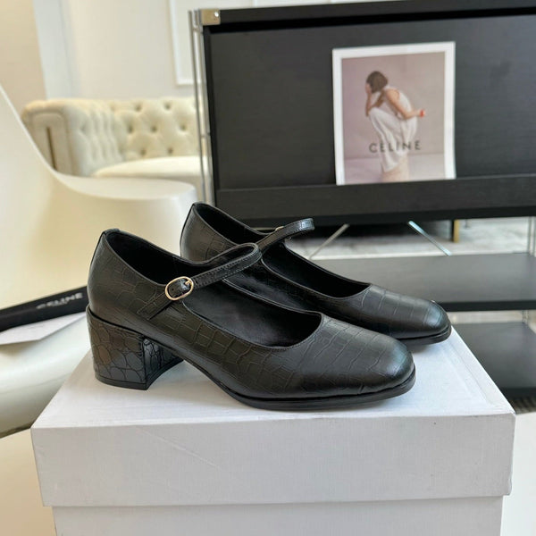 SCARPE DA DONNA CON TACCO ALTO E PUNTA ROTONDA IN PELLE DI VACCA NERA