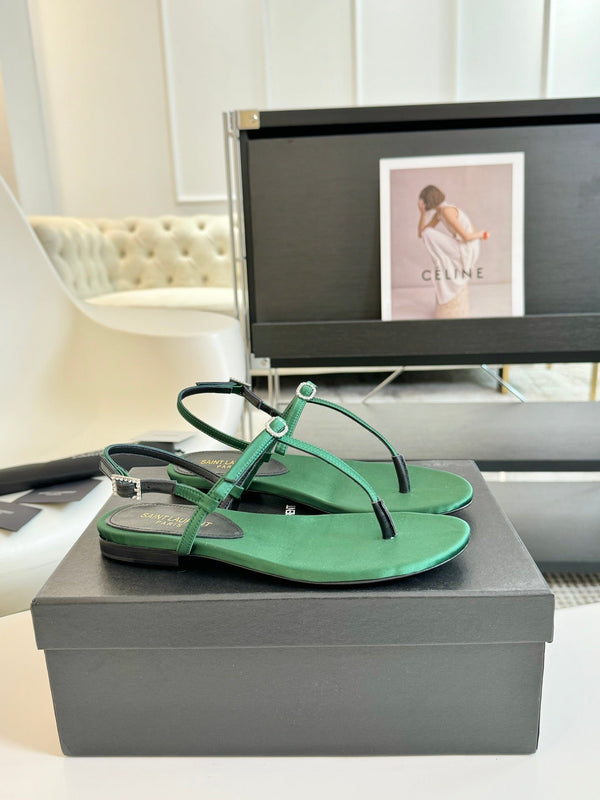 Sandali piatti con cinturino a T e fiocco in seta SL in pelle verde