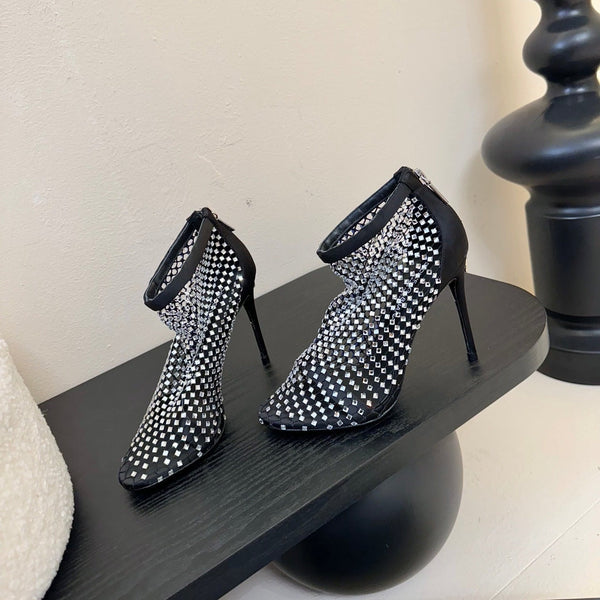 DC Pumps Black White Rhinestone Mesh & Sheepskin 297011