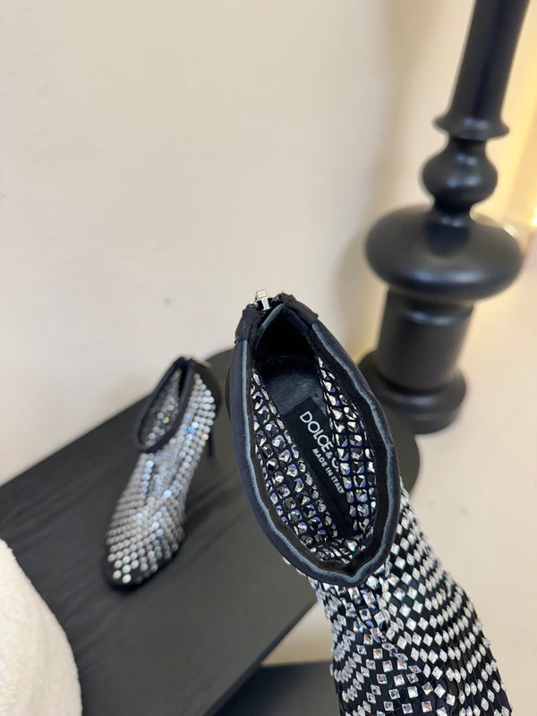 DC Pumps Black White Rhinestone Mesh & Sheepskin 297011