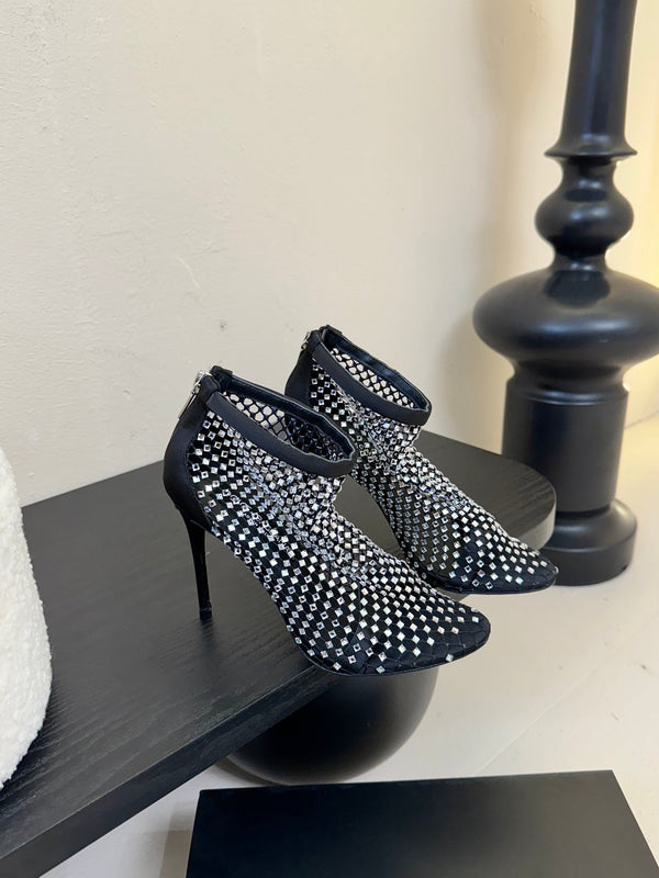 DC Pumps Black White Rhinestone Mesh & Sheepskin 297011